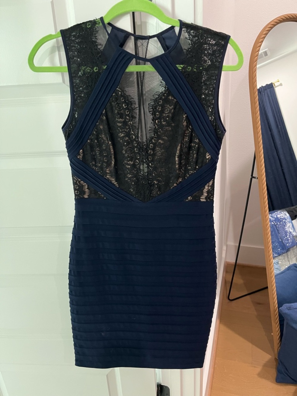 Xscape Navy and Black Lace Cutout Mini Dress
